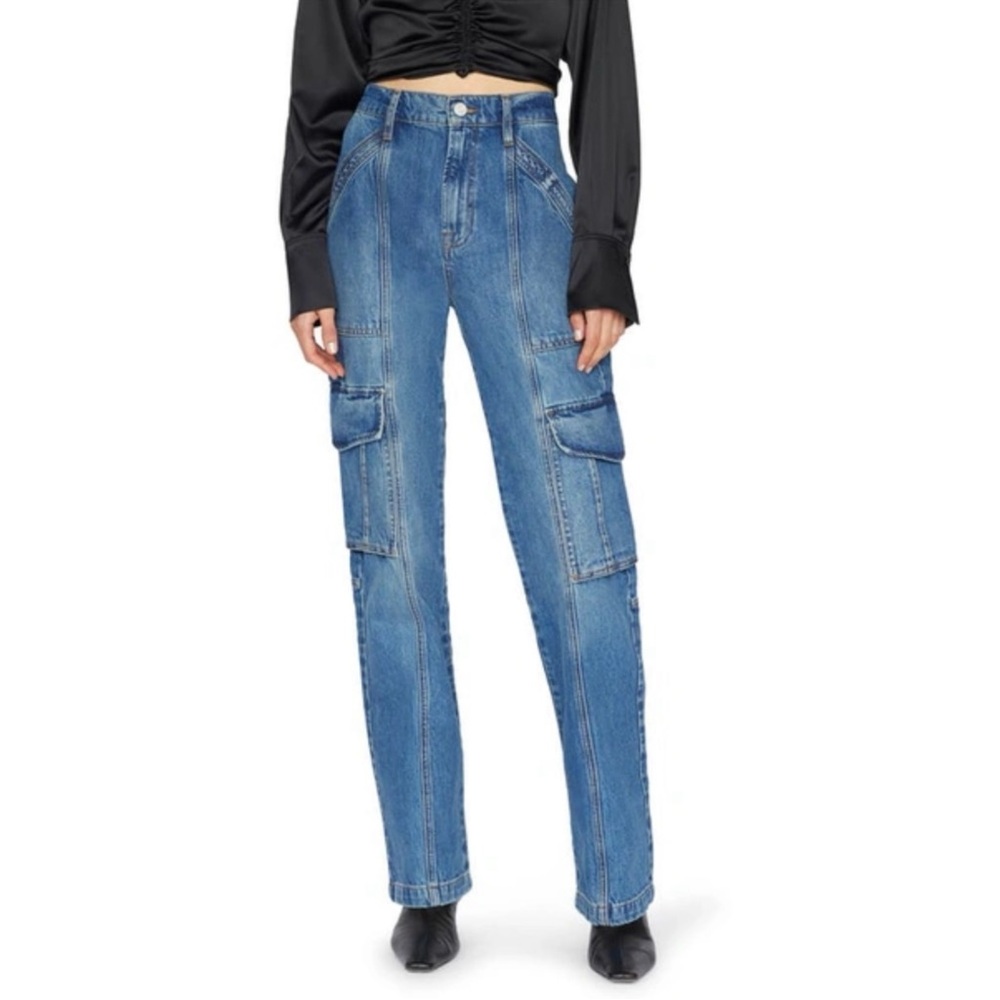 FRAME Denim High Waist Utility Straight Leg Medium Wash Blue Cargo Jeans sz 26